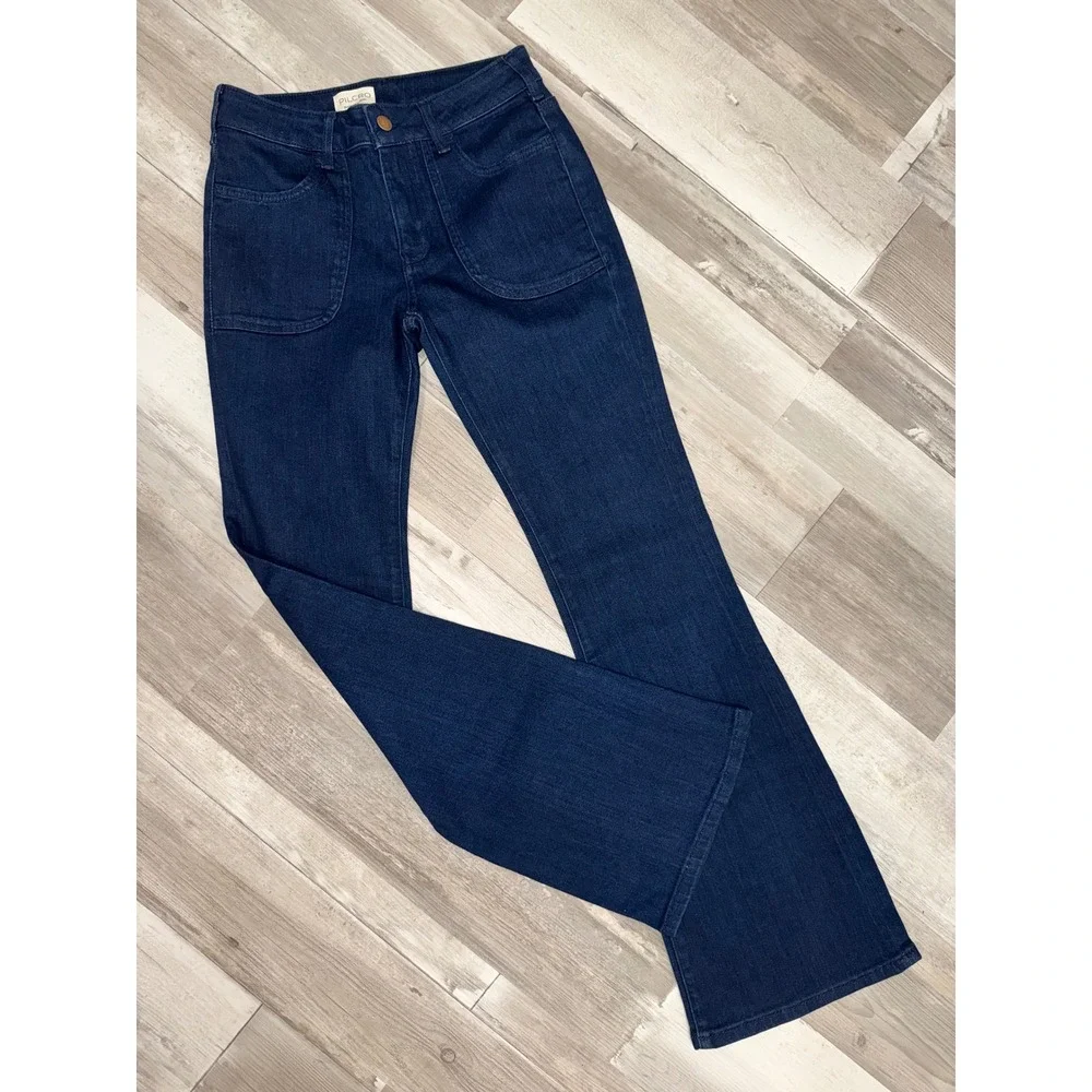 Pilcro Flare Jeans Women 31 Dark Navy Patch Pocket High Rise Stretch Denim